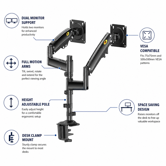 Hiwl NB H180 Dual Monitor Desk Mount, 22-27 inch, 2-9 kg