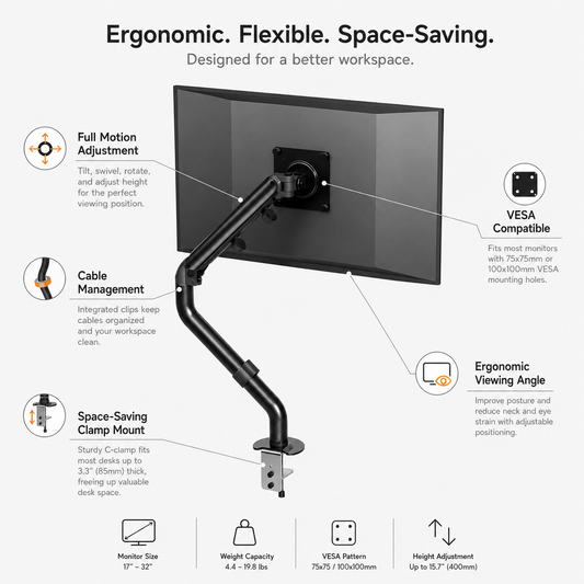 Hiwl Adjustable Monitor Arm Stand, 17-32 inch, Black