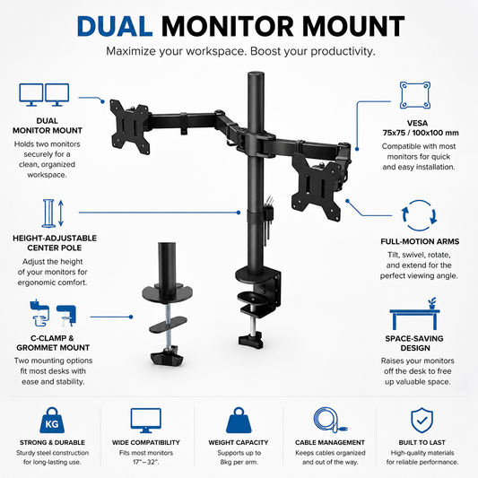 Hiwl Double Monitor Arm Stand, 10-30 inch, 360 Rotation