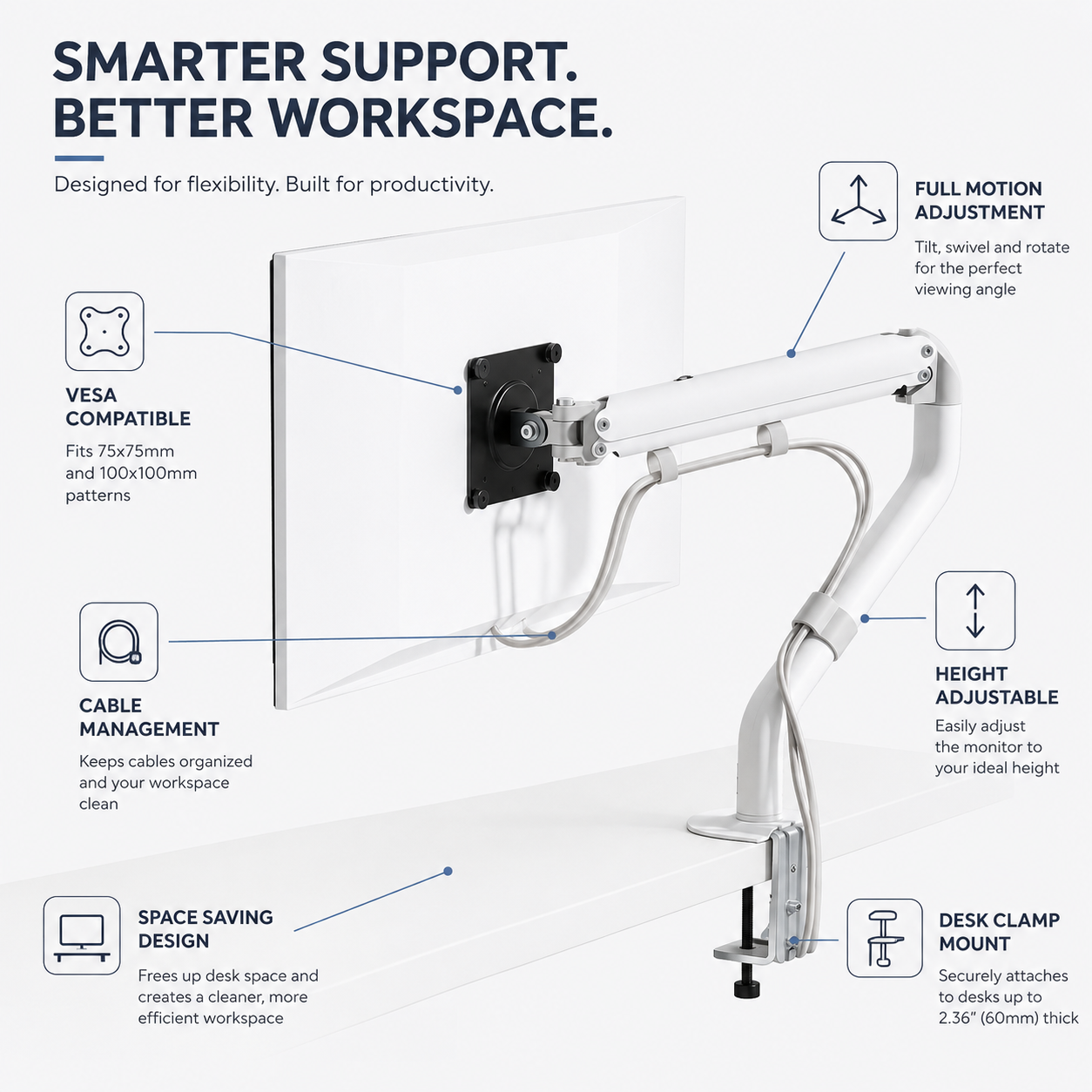 Hiwl Telescopic Monitor Arm Stand, 17-32 inch, White