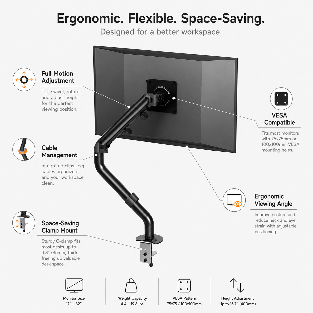 Hiwl Adjustable Monitor Arm Stand, 17-32 inch, Black
