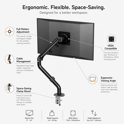 Hiwl Adjustable Monitor Arm Stand, 17-32 inch, Black