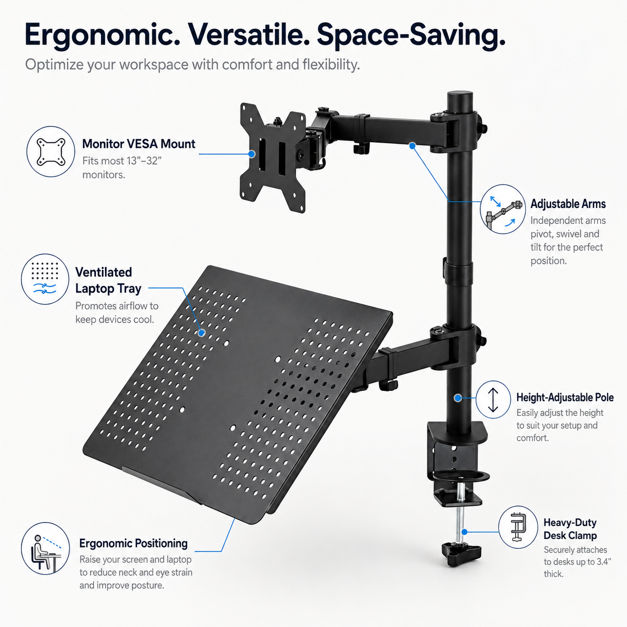 Hiwl Monitor and Laptop Desk Mount, 13-30 inch, Dual Arm