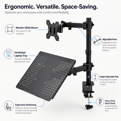 Hiwl Monitor and Laptop Desk Mount, 13-30 inch, Dual Arm