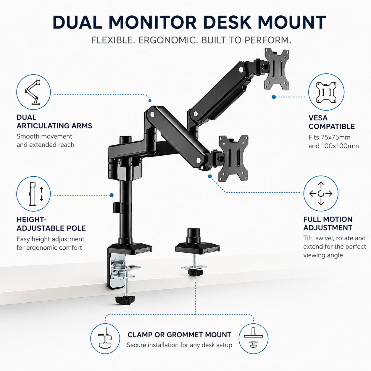 Hiwl Dual Monitor Arm Stand, 16-31 inch, Height Adjustable