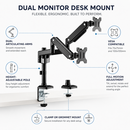 Hiwl Dual Monitor Arm Stand, 16-31 inch, Height Adjustable
