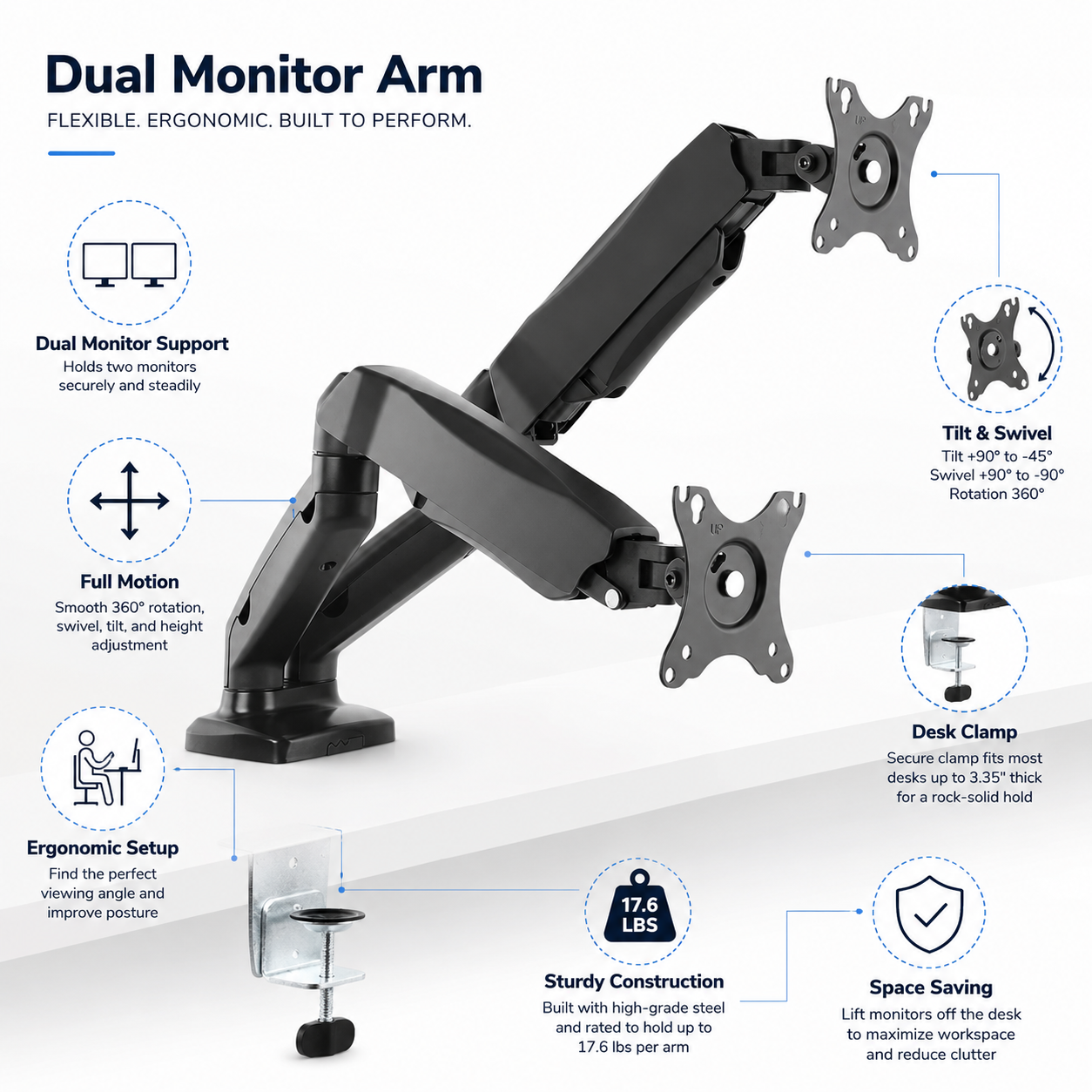Hiwl Dual Monitor Arm Stand, 16-31 inch, 360 Rotation