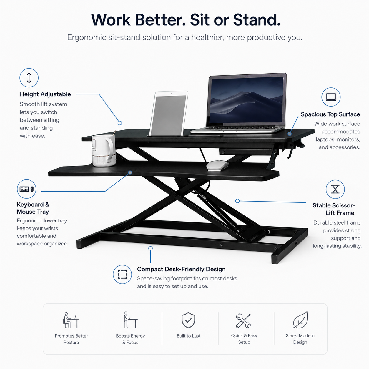 Hiwl Height Adjustable Desk Converter, 80 x 40 x 15 cm