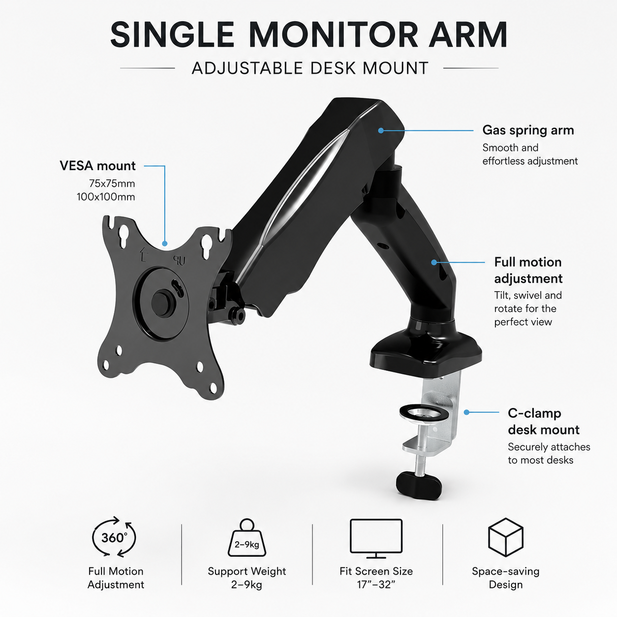 Hiwl Single Monitor Arm Stand, 16-31 inch, Height Adjustable Desk Mount