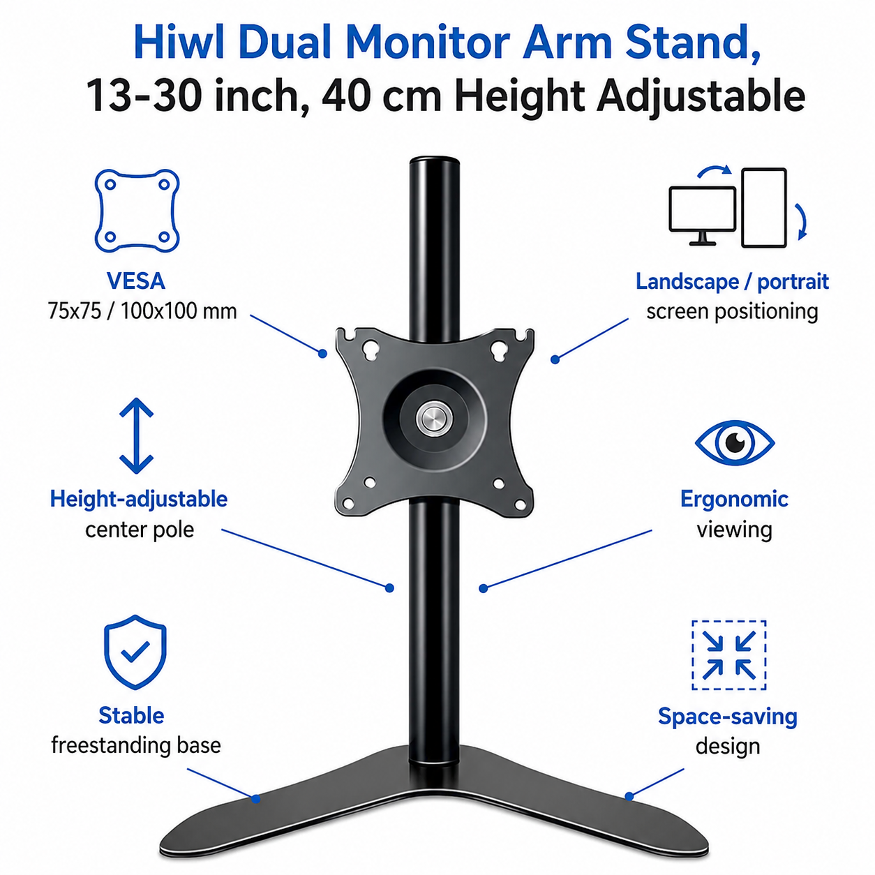 Hiwl Dual Monitor Arm Stand, 13-30 inch, 40 cm Height Adjustable