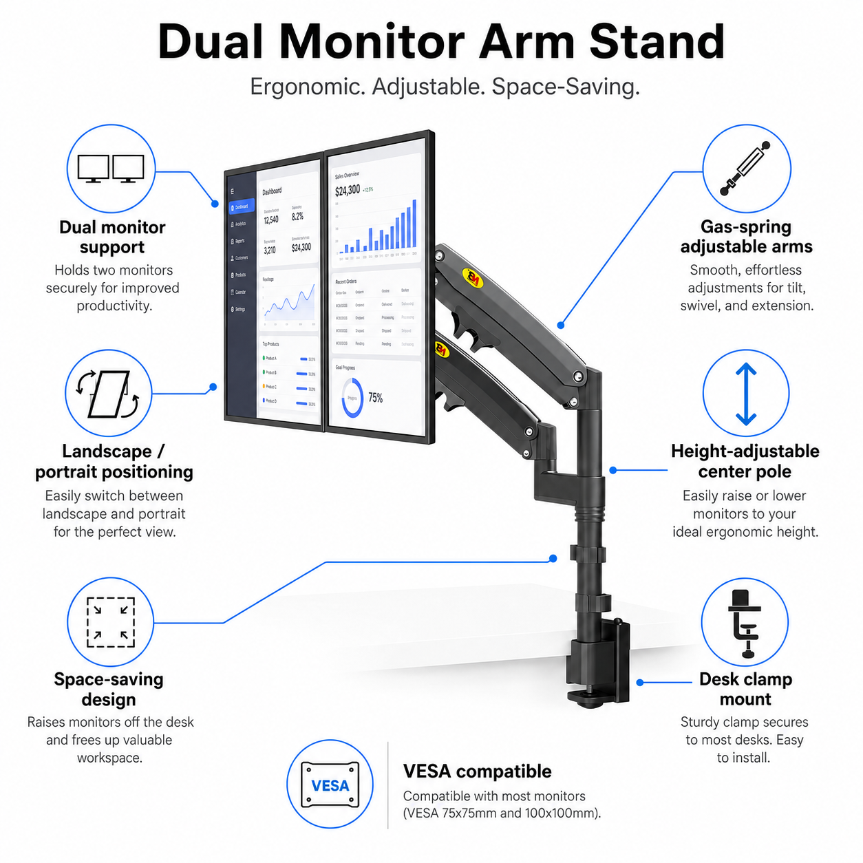 Hiwl NB Dual Monitor Wall Mount, 22-32 inch, Vertical Stack