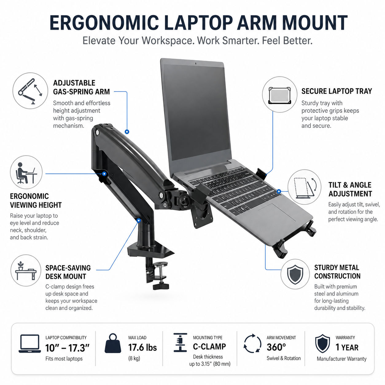 Hiwl NB F80-FP Laptop Monitor Mount, 10-17 inch, 2-9 kg