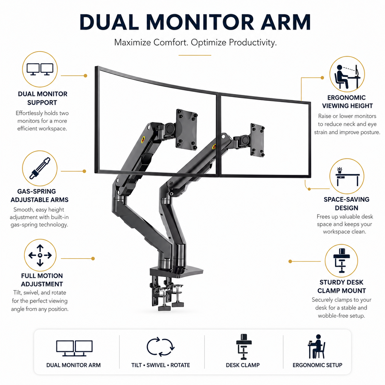 Hiwl NB G55 Dual Monitor Arm Stand, 27-34 inch, Gas Spring