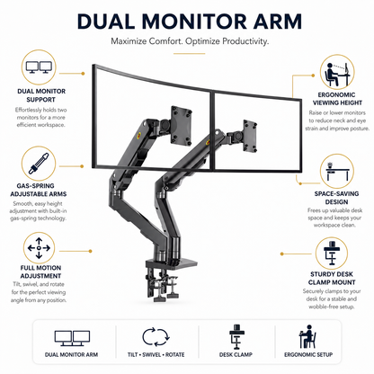 Hiwl NB G55 Dual Monitor Arm Stand, 27-34 inch, Gas Spring