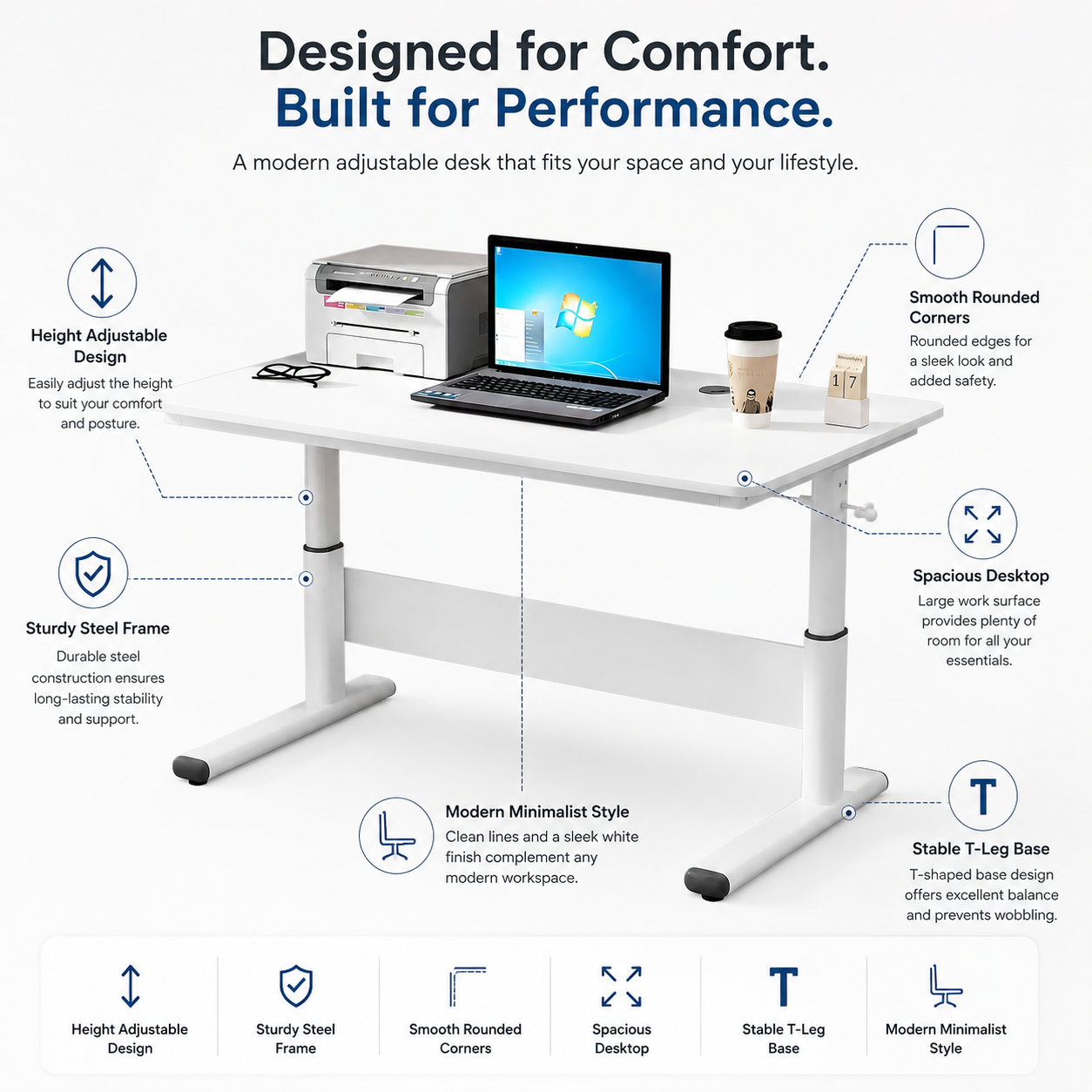 Hiwl Manual Height Adjustable Desk, 100 x 60 cm, Wood Finish