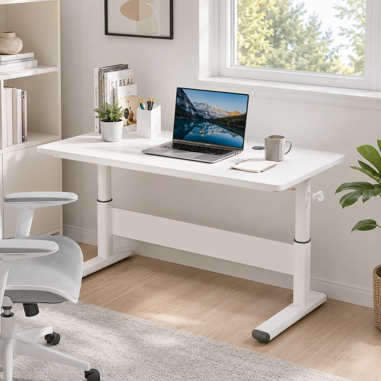 Hiwl Manual Height Adjustable Desk, 100 x 60 cm, Wood Finish